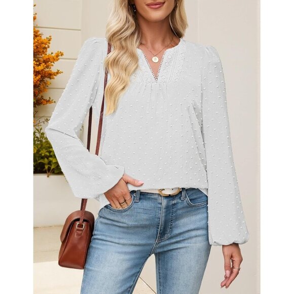 Women's Long Sleeve Blouse 100% Polyester Casual Dressy V Neck Swiss Dot - Picture 6 of 7